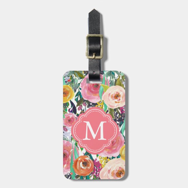 Étiquette À Bagage Jardin romantique aquarelle Fleurs Monogramme (Devant Vertical)
