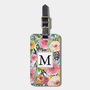 Étiquette À Bagage Jardin romantique aquarelle Fleurs Monogramme