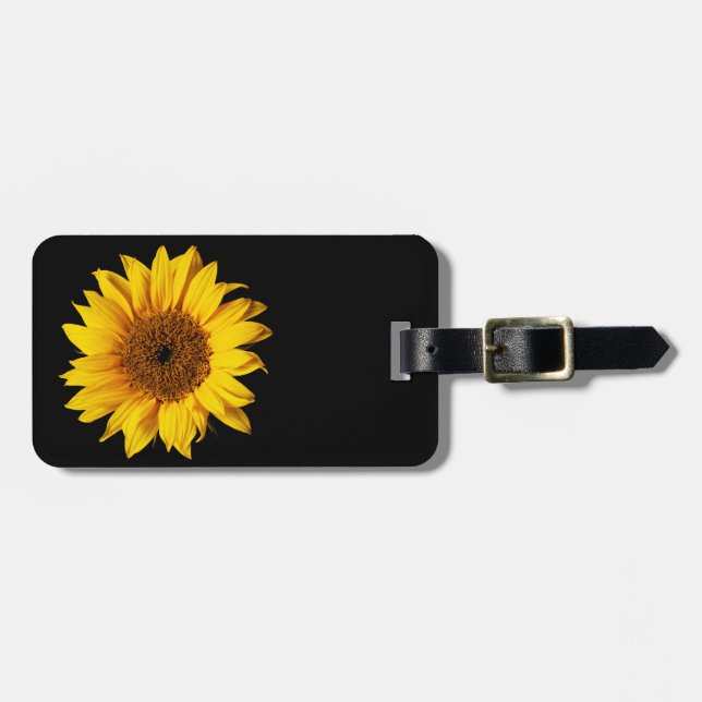 Étiquette À Bagage Jaune de tournesol sur le noir - fleurs (Devant horizontal)