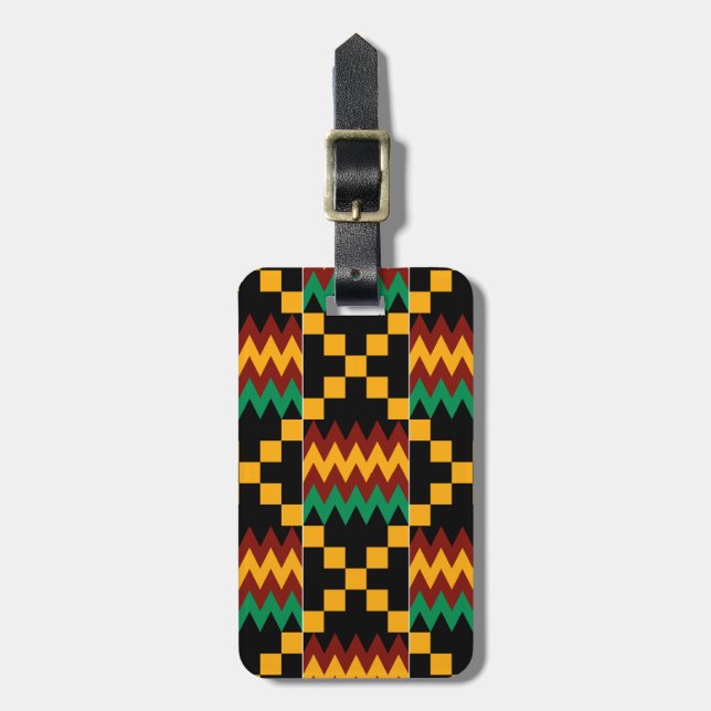 Étiquette À Bagage Jaune, Vert, Rouge, Tissu Kente Noir (Devant Vertical)