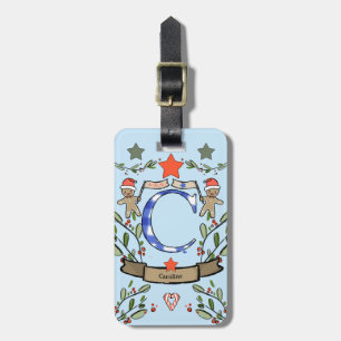 Étiquette À Bagage Je voyage pour Noël monogramme "C" avec nom