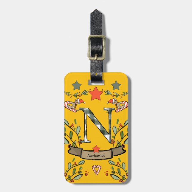 Étiquette À Bagage Je voyage pour Noël monogramme "N" avec le nom (Devant Vertical)