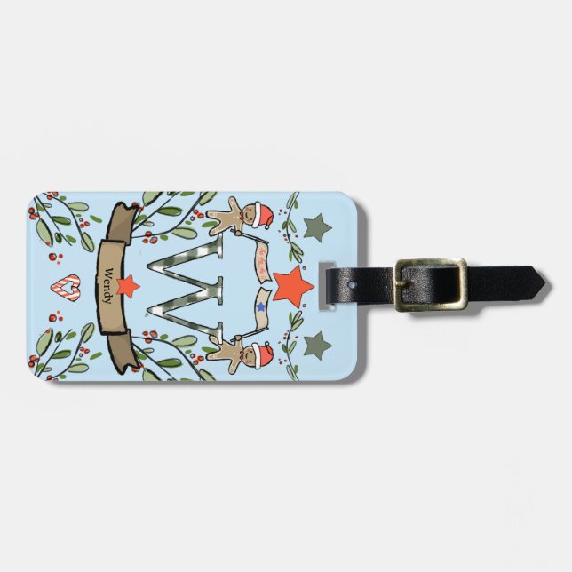 Étiquette À Bagage Je voyage pour Noël monogramme "W" avec nom (Devant horizontal)