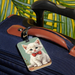 Étiquette À Bagage Joli adorable chat blanc avec noeud papillon