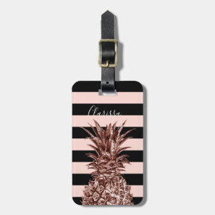 Étiquette À Bagage Joli ananas rose élégant d'or et rayure rose