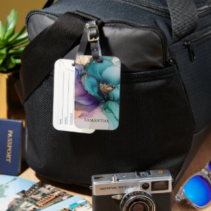 Étiquette À Bagage Joli Aqua bleu violet or Floral