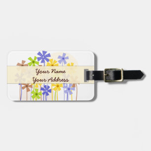 Étiquette À Bagage Joli bleu jaune brun simple fleurs nom adresse