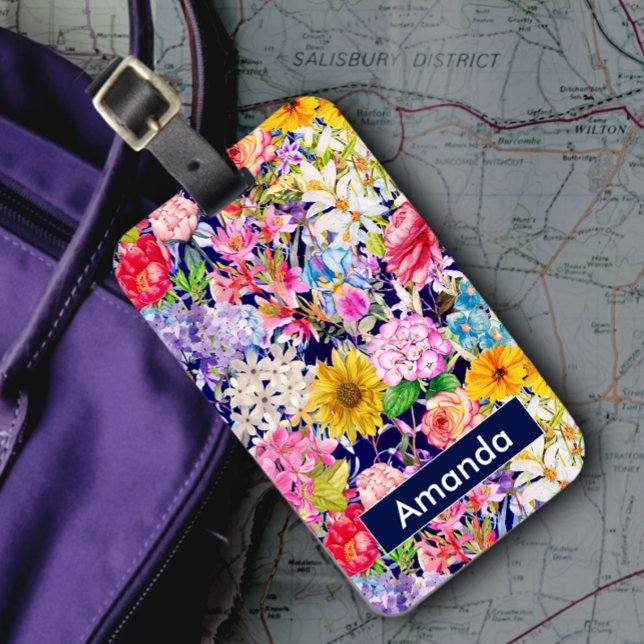 Étiquette À Bagage Joli bleu jaune élégant motif floral monogramme (Créateur téléchargé)