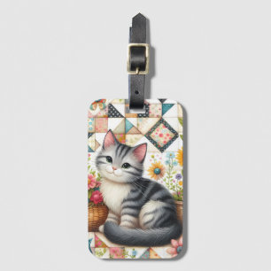 Étiquette À Bagage Joli Chat sur Courtepointe Florale Cottagecore