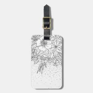 Étiquette À Bagage Joli Doodé à fleurs et confetti noir blanc