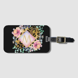 Étiquette À Bagage Joli Empreinte de léopard or rose rose  Monogramme