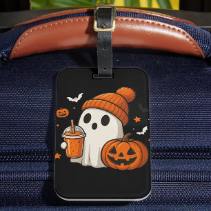 Étiquette À Bagage Joli fantôme d'Halloween avec citrouille et boisso