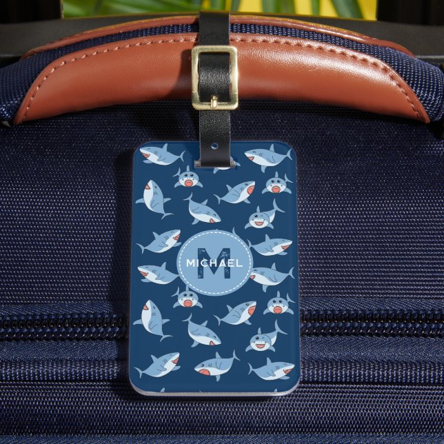 Étiquette À Bagage Joli grand requin blanc Motif Océan Monogramme (Insitu Rectoal 2)