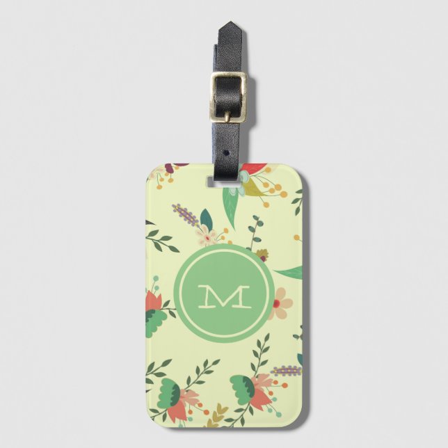 Étiquette À Bagage Joli Monogramme de menthe florale de printemps (Devant Vertical)