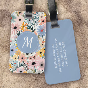 Étiquette À Bagage Joli Monogramme Floral Rose Bleu