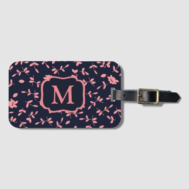Étiquette À Bagage Joli Monogramme floral rose et violet (Devant Horizontal)