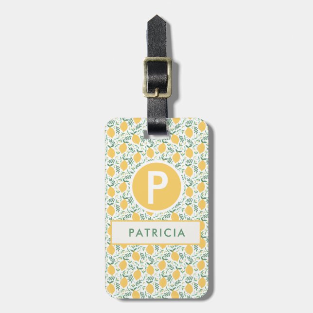 Étiquette À Bagage Joli Motif botanique de citron d'été Monogramme (Devant Vertical)