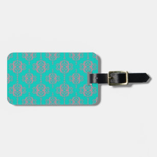 Étiquette À Bagage Joli motif damassé rose et turquoise