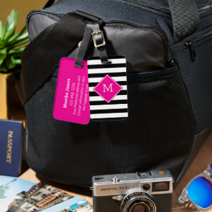 Étiquette À Bagage Joli noir blanc rayé Motif rose chaud