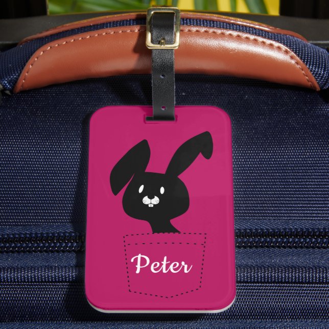 Étiquette À Bagage Joli Plaisir Mini Cartoon Lapin Noir Sur Magenta (Insitu Rectoal 2)