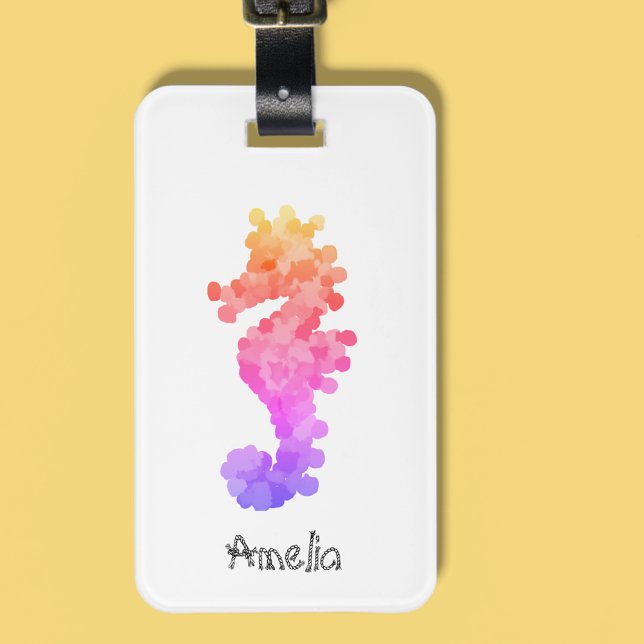 Étiquette À Bagage Joli Rainbow Seahorse Personnalisé (Get vacation ready with this pretty seahorse luggage tag.🏖️)