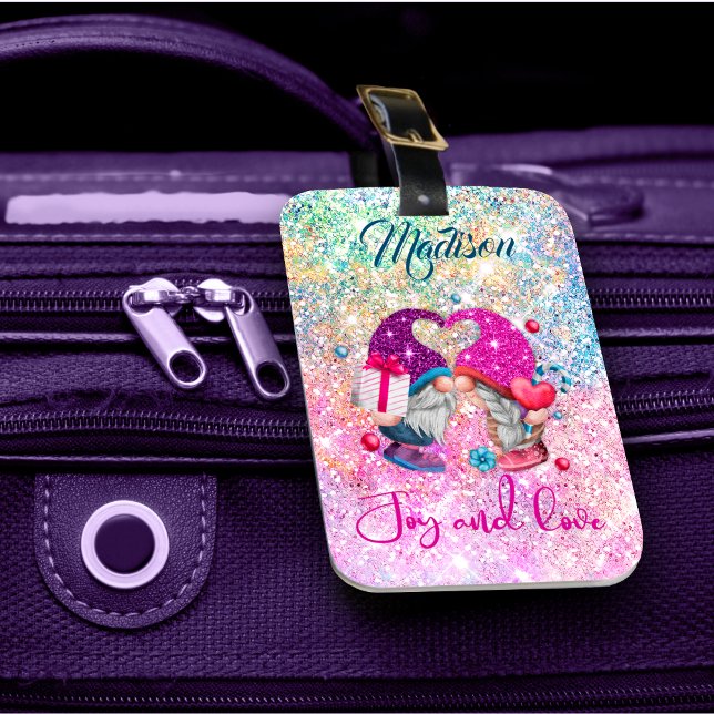 Étiquette À Bagage Joli rose faux parties scintillant gnome monogramm (Créateur téléchargé)