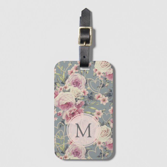 Étiquette À Bagage Joli rose floral et perles Monogramme fille (Devant Vertical)
