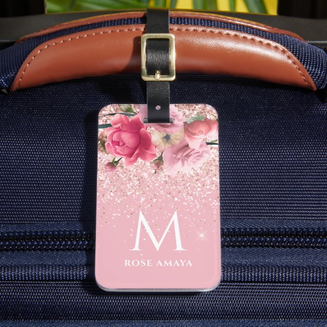 Étiquette À Bagage Joli rose Parties scintillant Floral Monogramme pe (Insitu Rectoal 2)