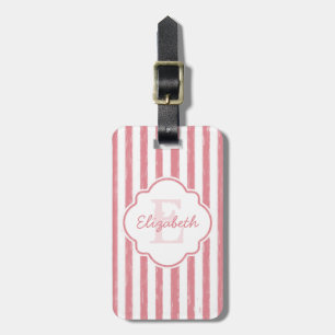 Étiquette À Bagage Joli rose peint rayures Monogramme et nom