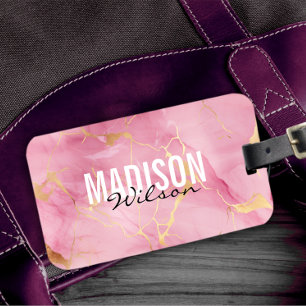 Étiquette À Bagage Joli rose rose faux parties scintillant en marbre