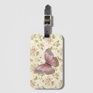 Étiquette À Bagage Joli Shabby Chic Papillon rose sur Floral