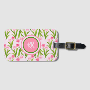 Étiquette À Bagage Joli Tulipe rose Fleurs Florales Feuille Monogramm