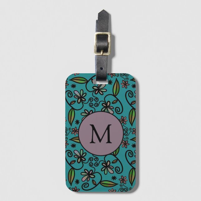 Étiquette À Bagage Joli Turquoise motif floral Monogramme (Devant Vertical)