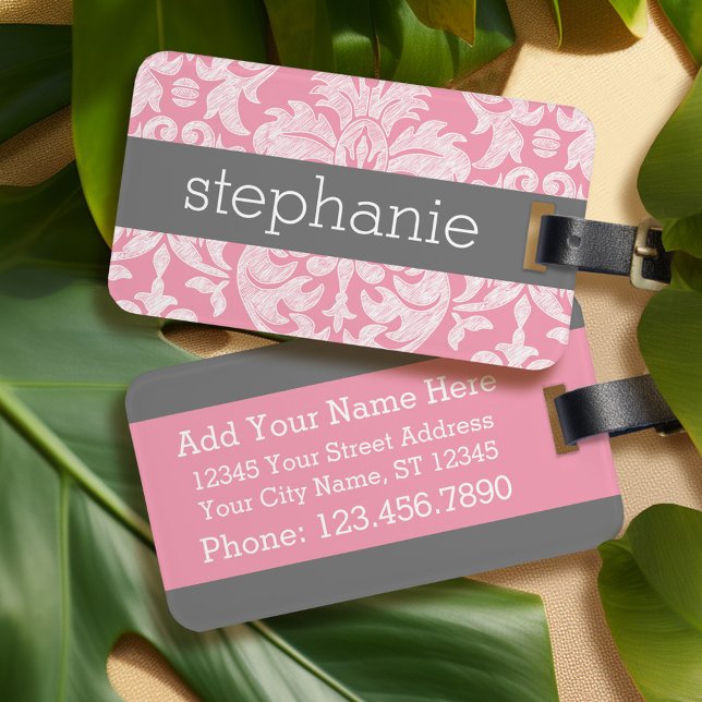 Étiquette À Bagage Jolie dentelle Damask motif rose gris (Personalized luggage tag - pink lace)