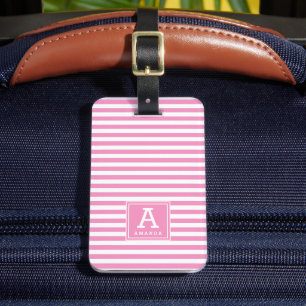 Étiquette À Bagage Jolie fille Rose rose rayures Initiales Monogramme
