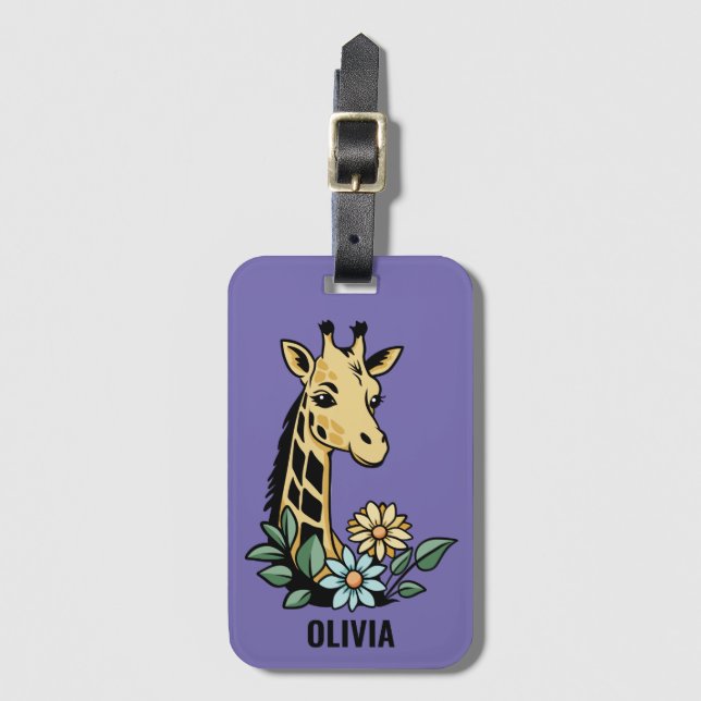 Étiquette À Bagage Jolie Giraffe Cartoon Et Fleurs Personnalisées (Devant Vertical)