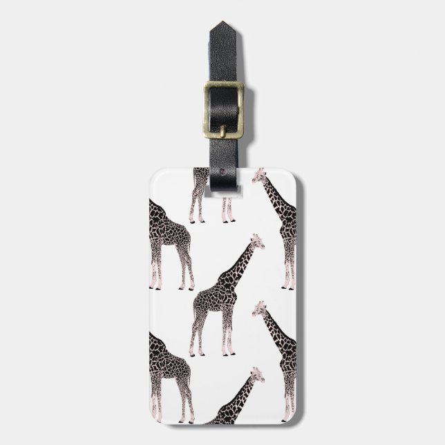 Étiquette À Bagage Jolie Giraffe noire blanche rose (Devant Vertical)
