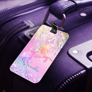 Étiquette À Bagage Jolie licorne rose Parties scintillant arc-en-ciel