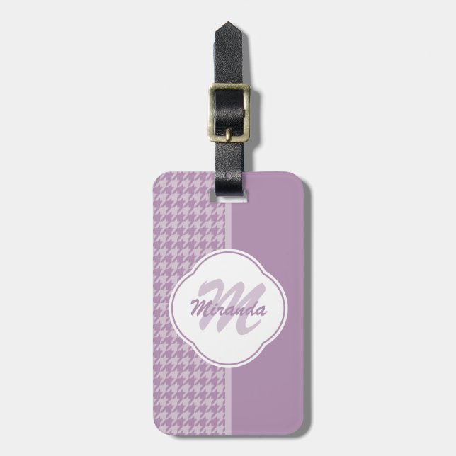 Étiquette À Bagage Jolie Pastel Purple Houndstooth Monogramme et nom (Devant Vertical)
