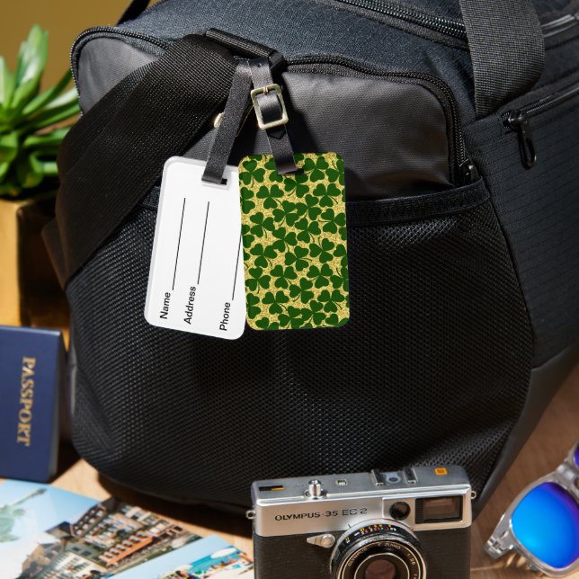 ÉTIQUETTE À BAGAGE JOLIMENT VERT & OR SHAMROCKS CELTIQUES IRLANDAIS (Recto & Verso)