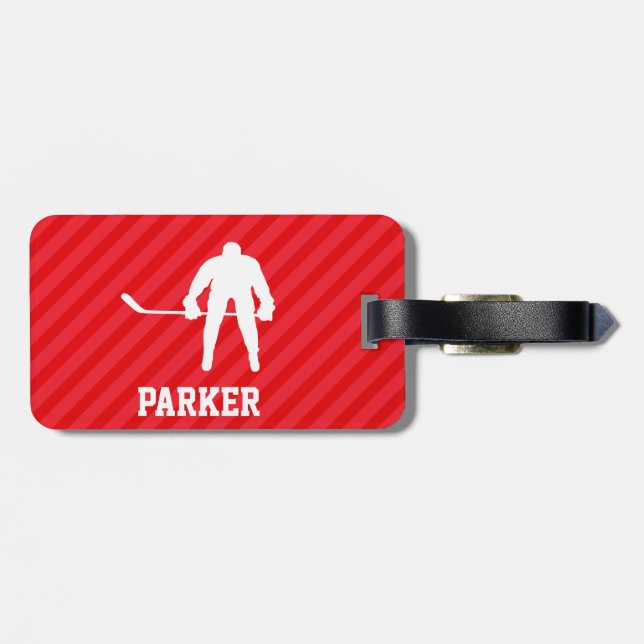 Étiquette À Bagage Joueur de hockey; rayures rouges écarlates (Dos horizontal)