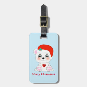Étiquette À Bagage Joyeux Noël Ourson Polaire Mignon sur Fond Bleu Cl