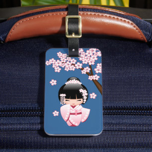 Étiquette À Bagage Kimonos rose Kawaii Kokeshi Poupée sur fond bleu
