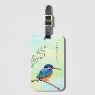 Étiquette À Bagage Kingfisher Aquarelle Bleu Orange Oiseau