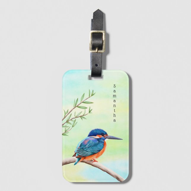 Étiquette À Bagage Kingfisher Aquarelle Bleu Orange Oiseau (Devant Vertical)