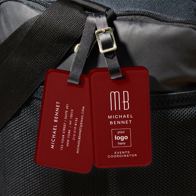 Étiquette À Bagage La Bourgogne moderne Votre Logo Ici Entreprise (Custom Logo Monogrammed Red Luggage Tag)