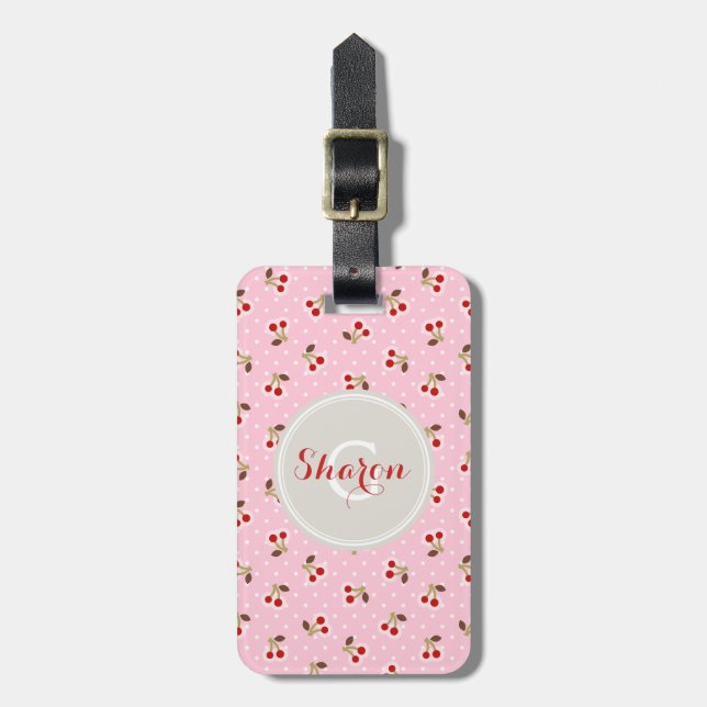 Étiquette À Bagage La rétro cerise rose girly modèle le monogramme (Devant Vertical)