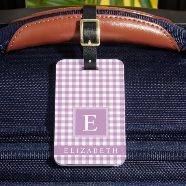 Étiquette À Bagage Lavande customisée violet blanc À damiers Motif (Insitu Rectoal 2)