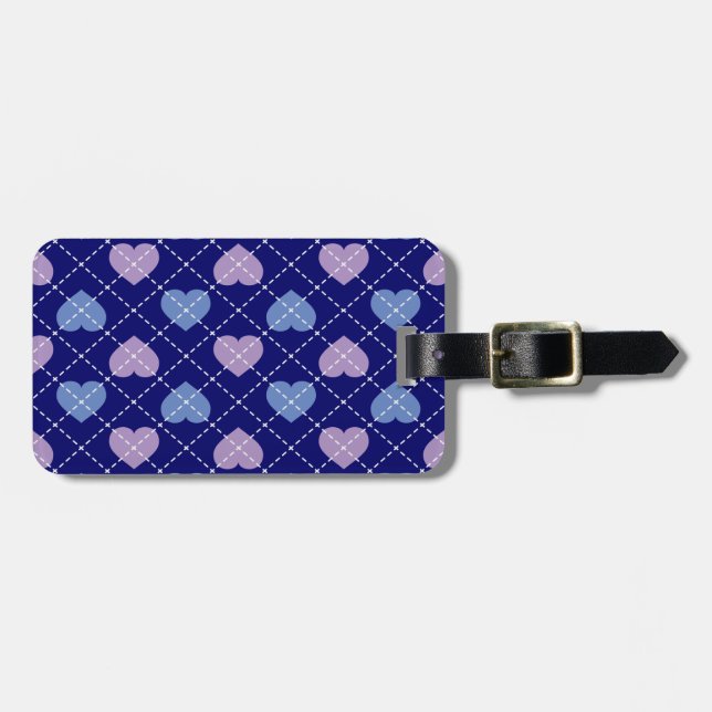 Étiquette À Bagage Lavande et Bébé Coeurs Bleus - Motif Jacquard (Devant horizontal)