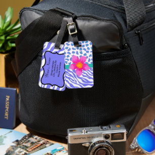 Étiquette À Bagage Lavande et blanc Zèbre et Cheetah Fleur rose
